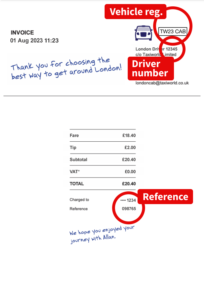 Example of an PDF invoice with driver number, reg, auth code hilighted. 