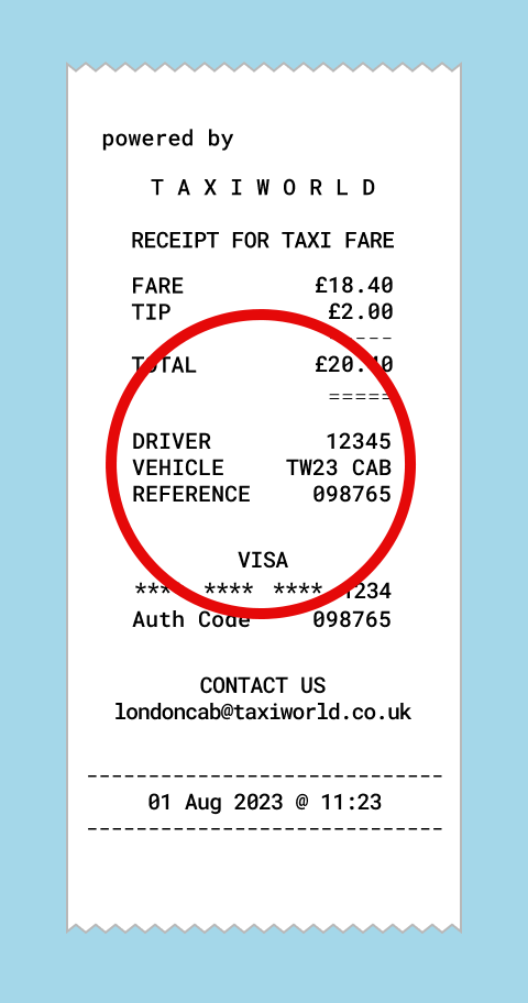 Example of a printed receipt with driver number, reg, reference hilighted. 